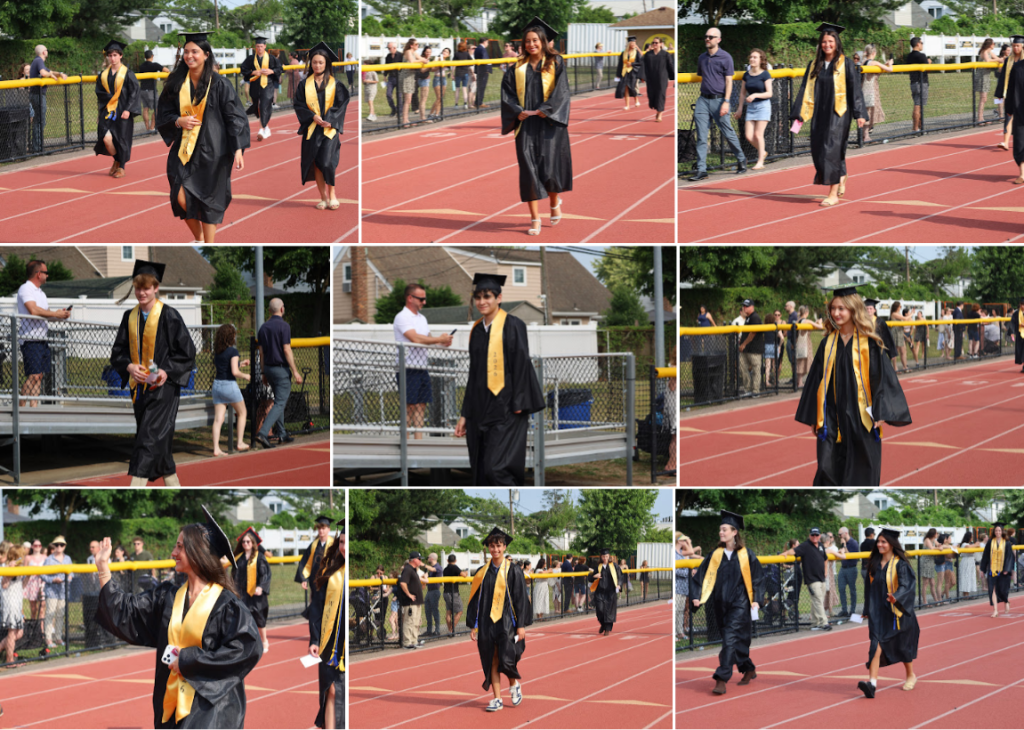 students wearing graduation cap and gowns walking on track